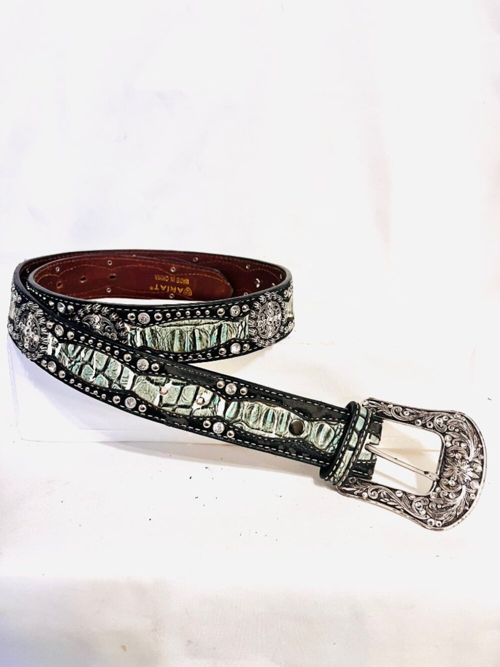 Ariat Women's Leather Mix Medium Women's Rhinestone Studded Belt-Black/Green-